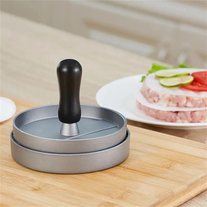 Aluminum Wooden Handle Hamburger Press - 170g Meat Patty Maker with Non-Stick Surface - Burger Press for Kitchen BBQ - Red Wood Handle Matte โ image 2