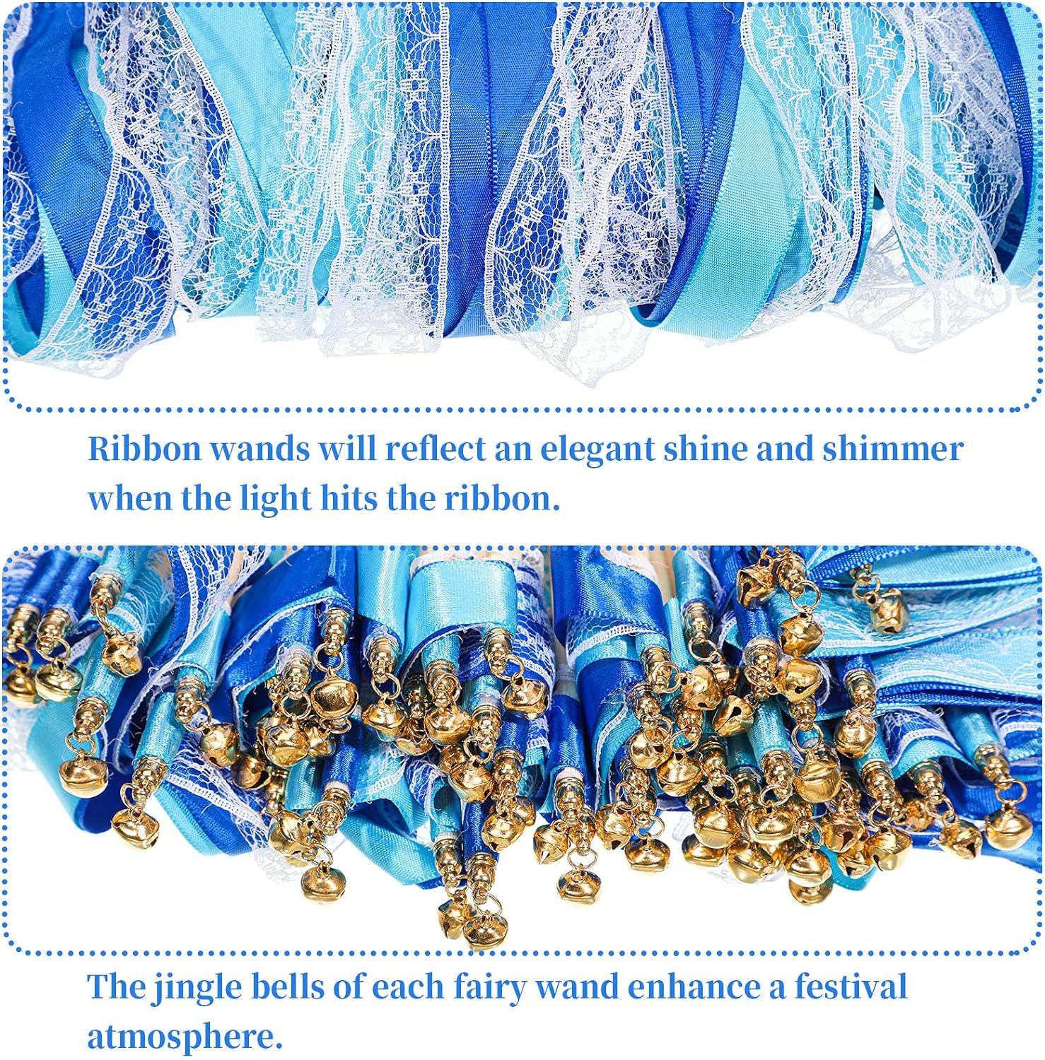 60 Pieces Lace Ribbon Stick Wands with Bells Party Streamers with Bells Silk Fairy Stick Wand Streamers (Blue) — image 2