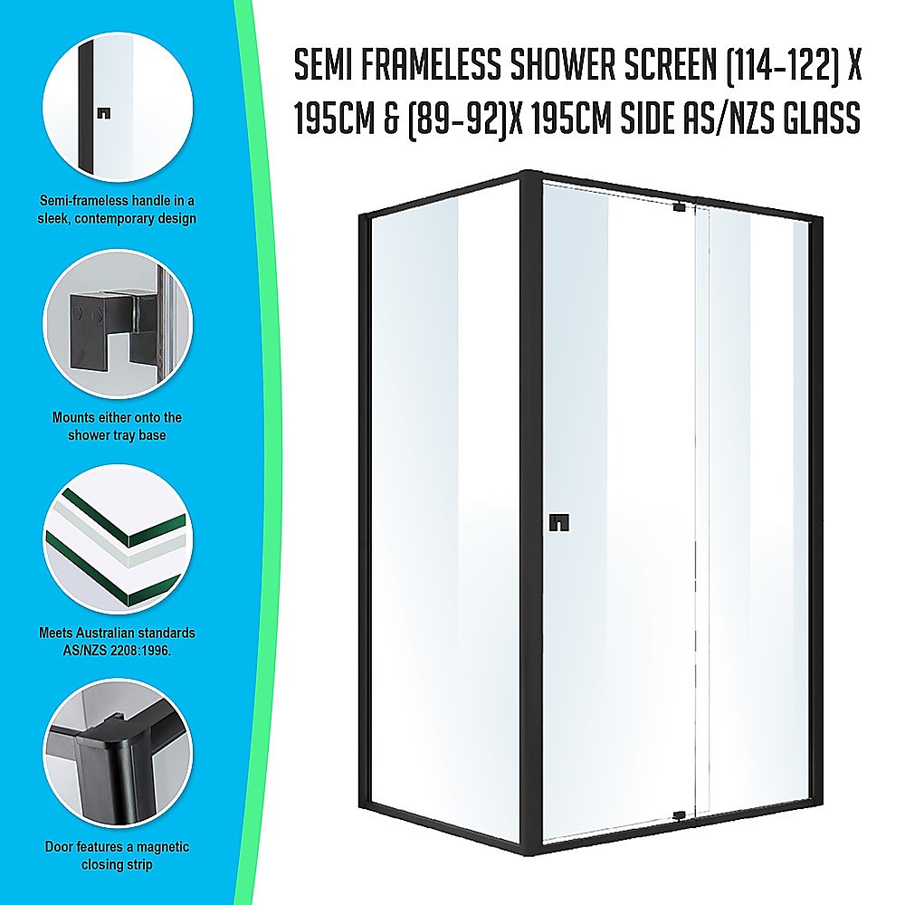 Semi Frameless Shower Screen (114~122)x 195cm & (89~92)x 195cm Side AS/NZS Glass โ image 3
