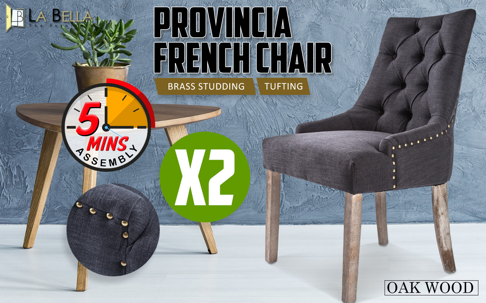 2X French Provincial Dining Chair Oak Leg AMOUR BLACK — image 2