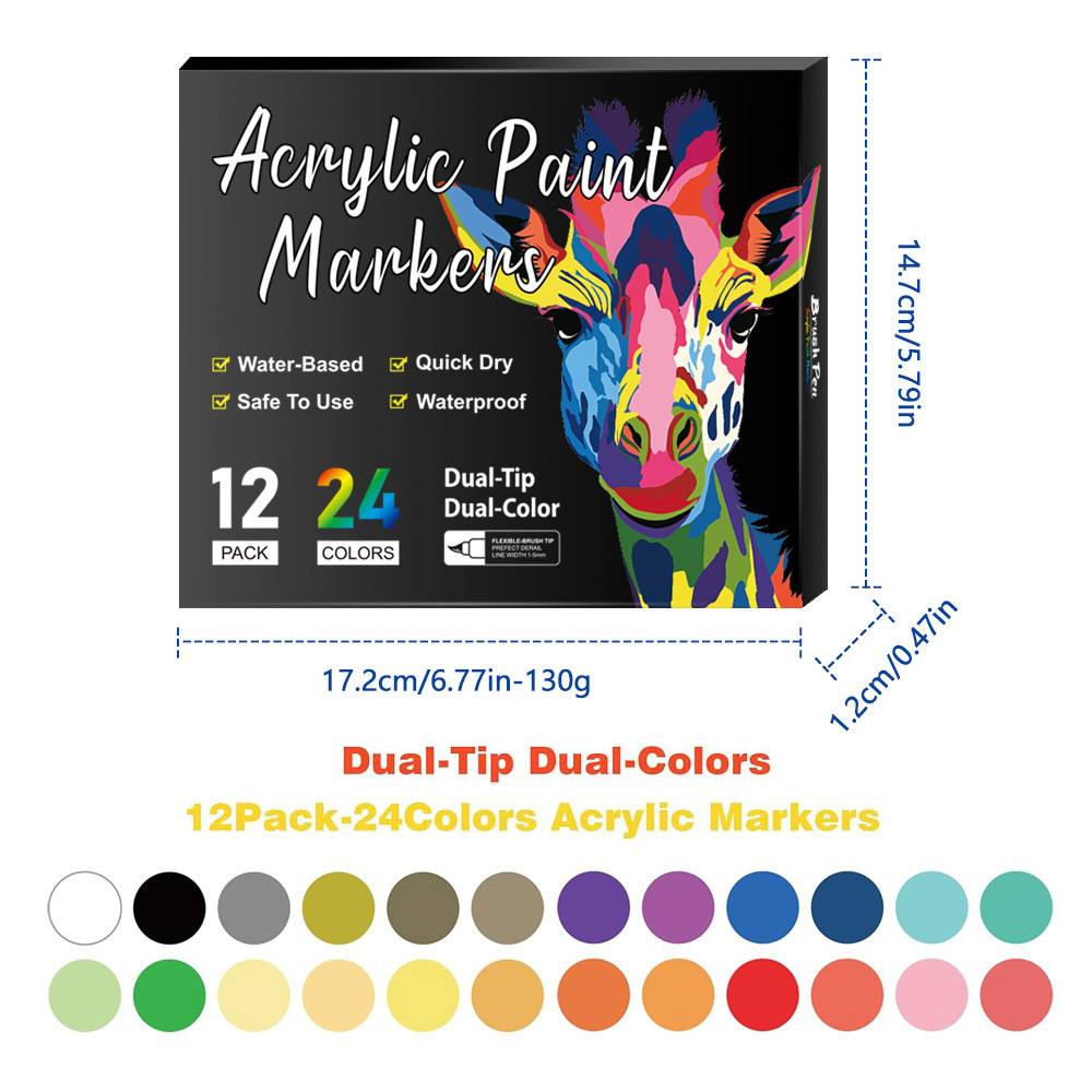 Dual-Tip Acrylic Markers – 12-Pack, Water-Based, Quick-Dry, Waterproof