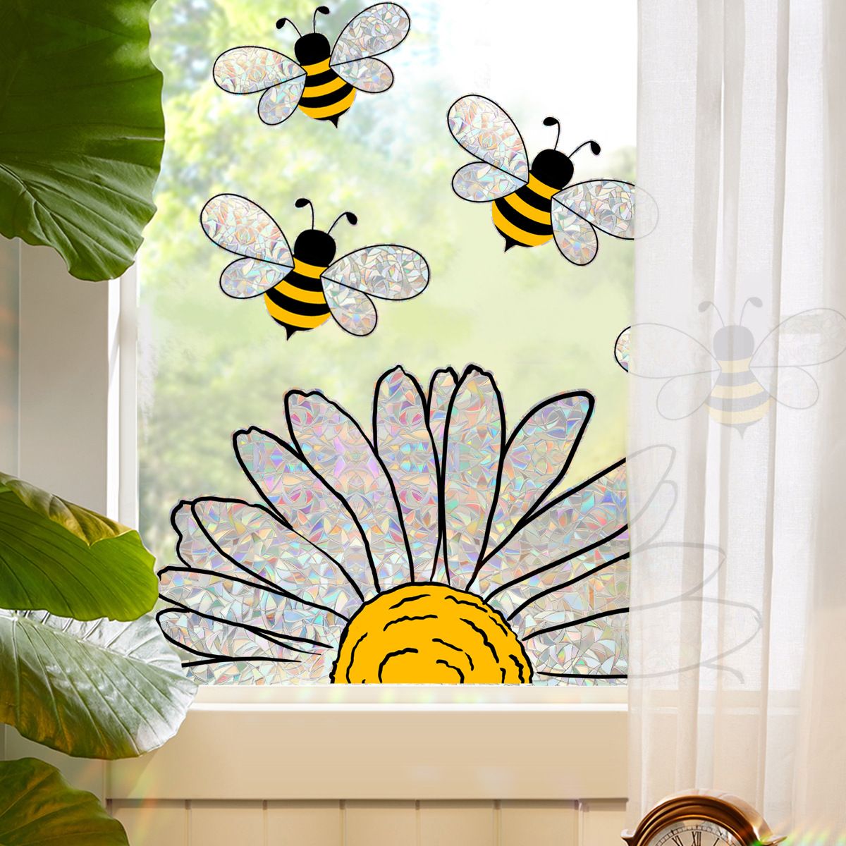 Sunflower and Bee Window Clings - Anti-Collision Window Sticker, Window Decals for Bird Strikes, Non Adhesive Prismatic — image 3