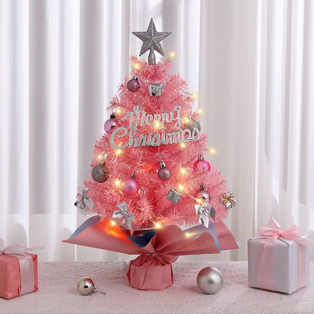 45cm Pink Mini Christmas Tree | Natural Log Base, Pink & Blue Wrapped Design, Star Topper, Letter Sign, Ornaments & Bows, Sweet Desktop Holiday Décor (No — image 4