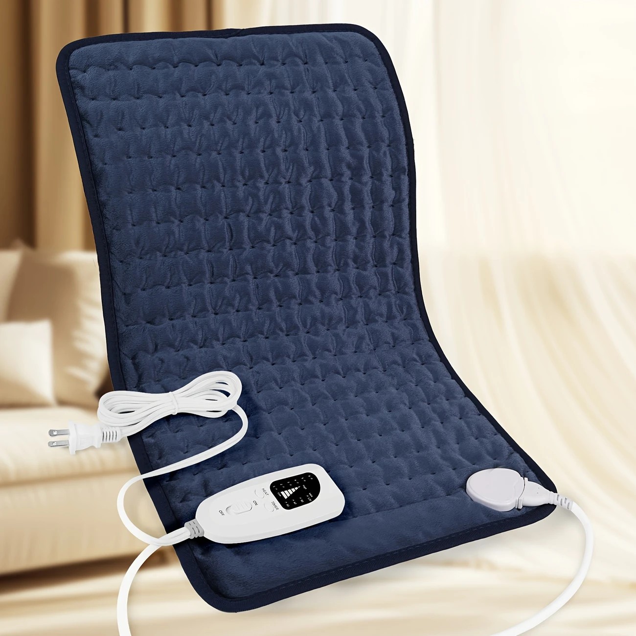 Dark blue This large heating pad (24" x 12") features 6 temperature levels and 4 timer settings, with rapid heating and auto-off functions. It is portable