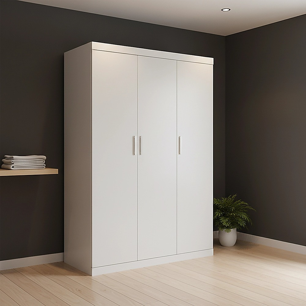 3 Door White Wardrobe – White Handles, Hanging Rail & Shelves — image 2