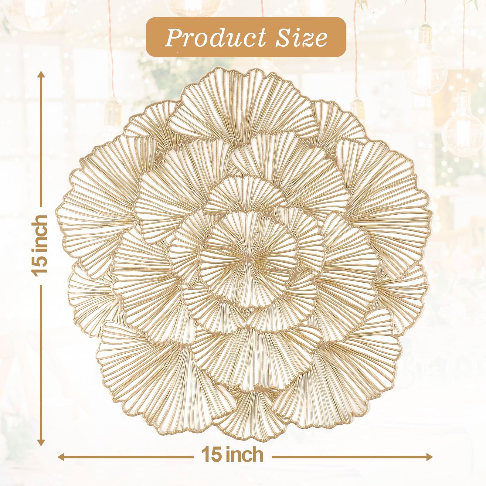 Round Placemats Pressed Vinyl Metallic Flower Place Mats Set of 6 Heat Resistant Dining Table Mats Gold Placemat for Wedding Party — image 4