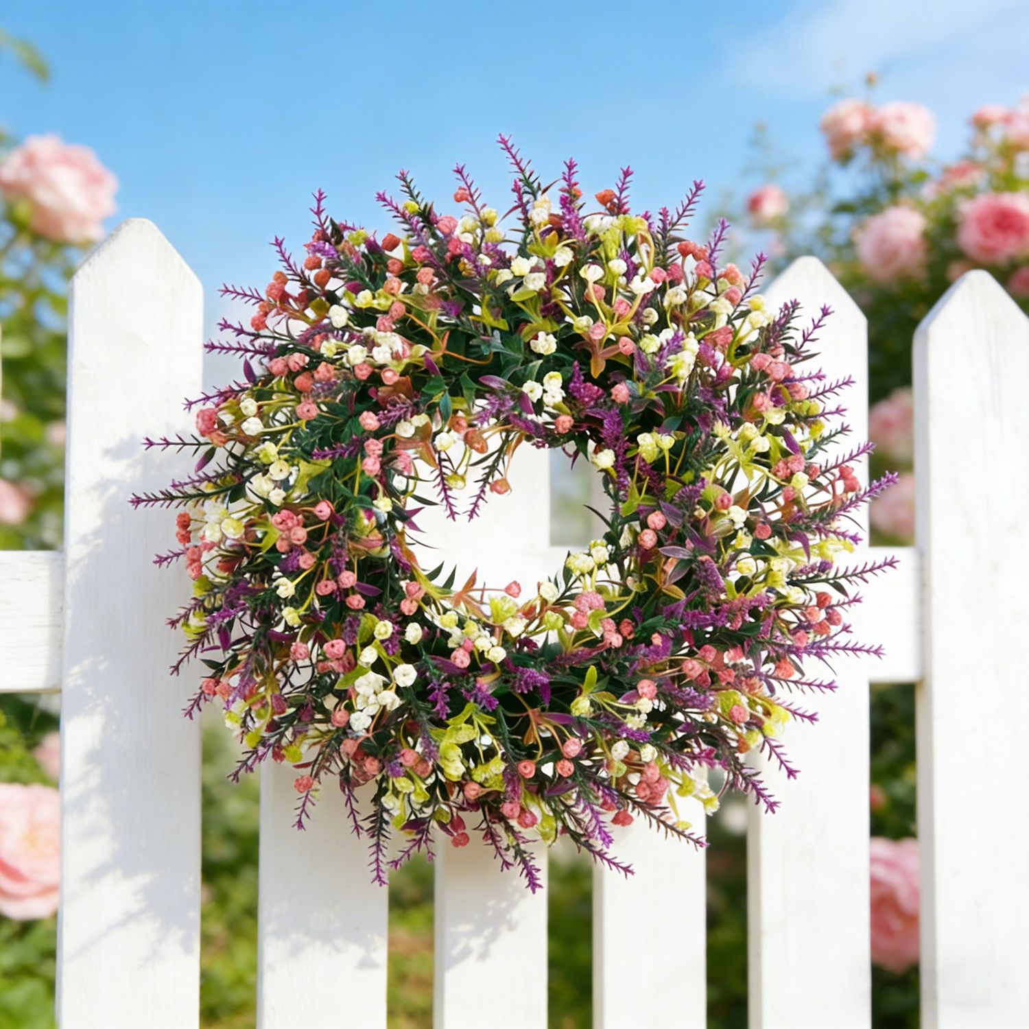 Artificial Spring Wreath with Pink Berry & Purple Lavender, Multicolour Wildflower Front Door Wreath, Rustic Farmhouse Wreath for Covered Porch Verandah Window