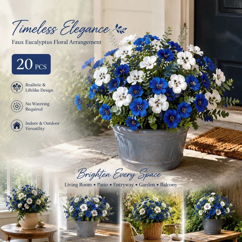 White & Blue Mixed Faux Eucalyptus Pansy Floral Arrangement Set of 20