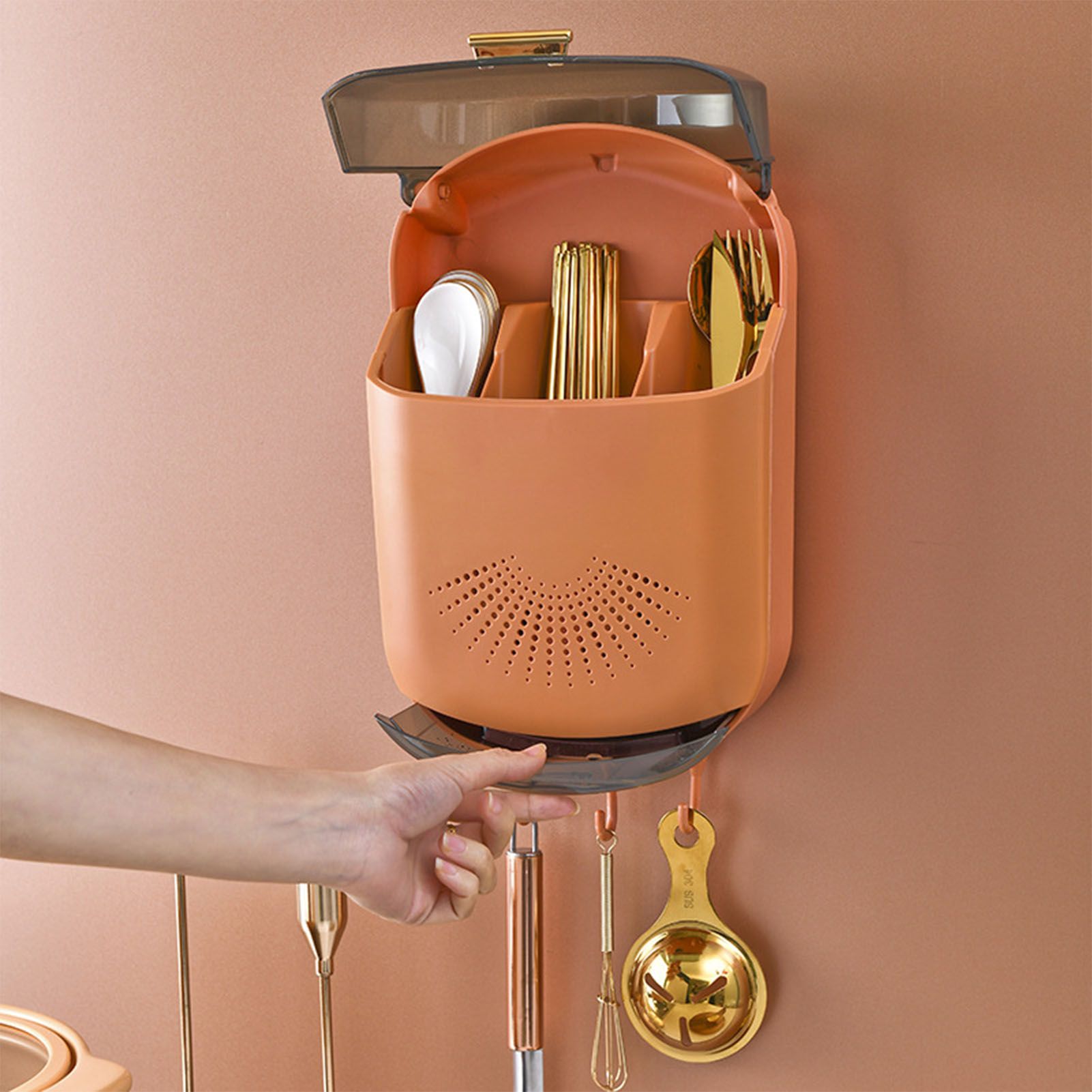 Wall Mounted Chopsticks Holder Dust Prevention 3 Compartments Large Capacity Draining Utensil Storage Box with Cover Orange โ image 6