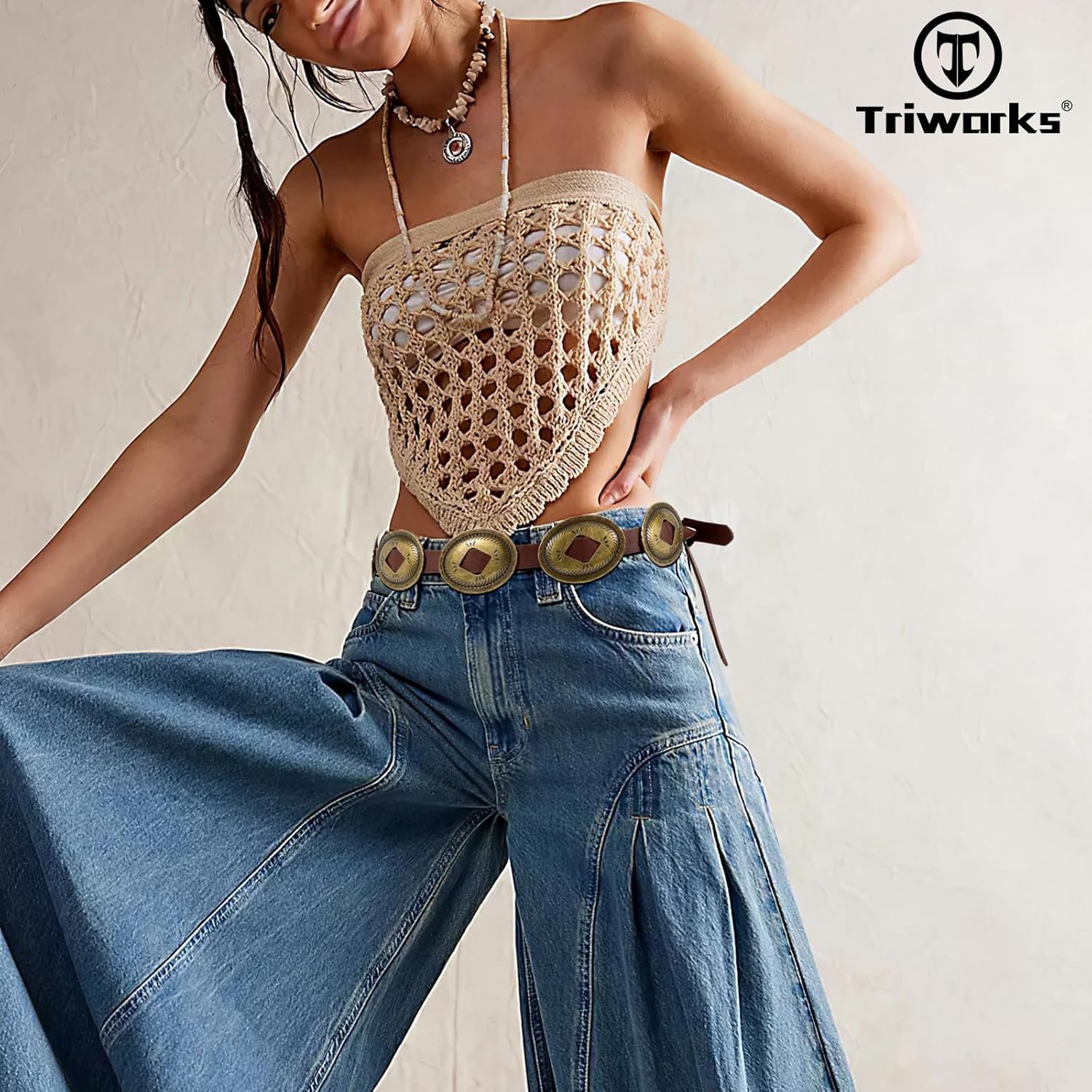 Western Belts for Woman Oval Concho Belt Cowgirl Belt Boho Disc Belt Buckle for Dress Jeans Country Concert Outfit — image 3