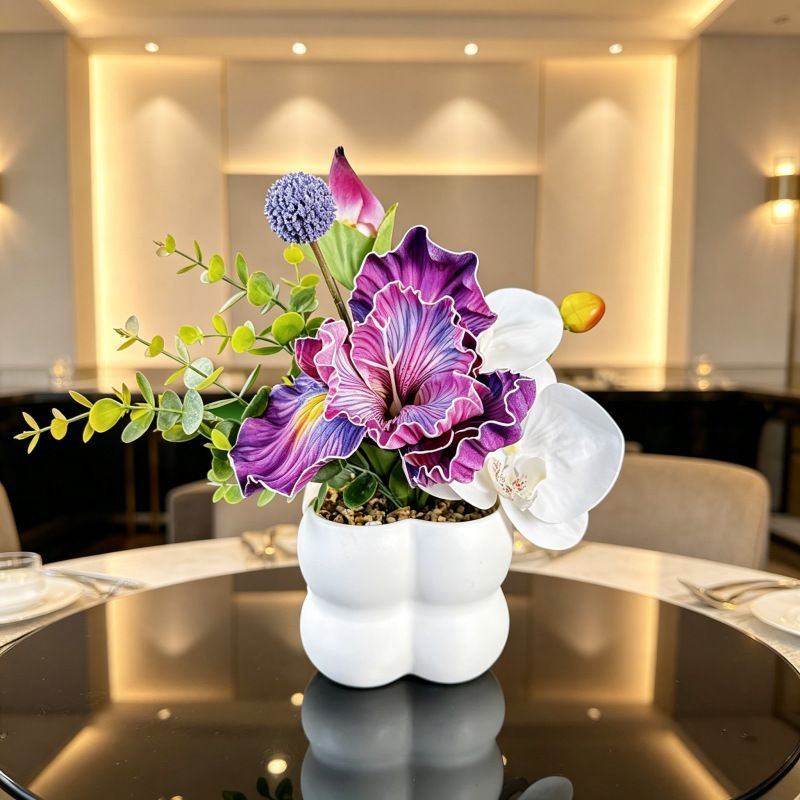 Simulated iris potted plant, floral artistry vibrant and colorful, pumpkin planter round and versatile, no maintenance ready to display upon opening, brightens โ image 5