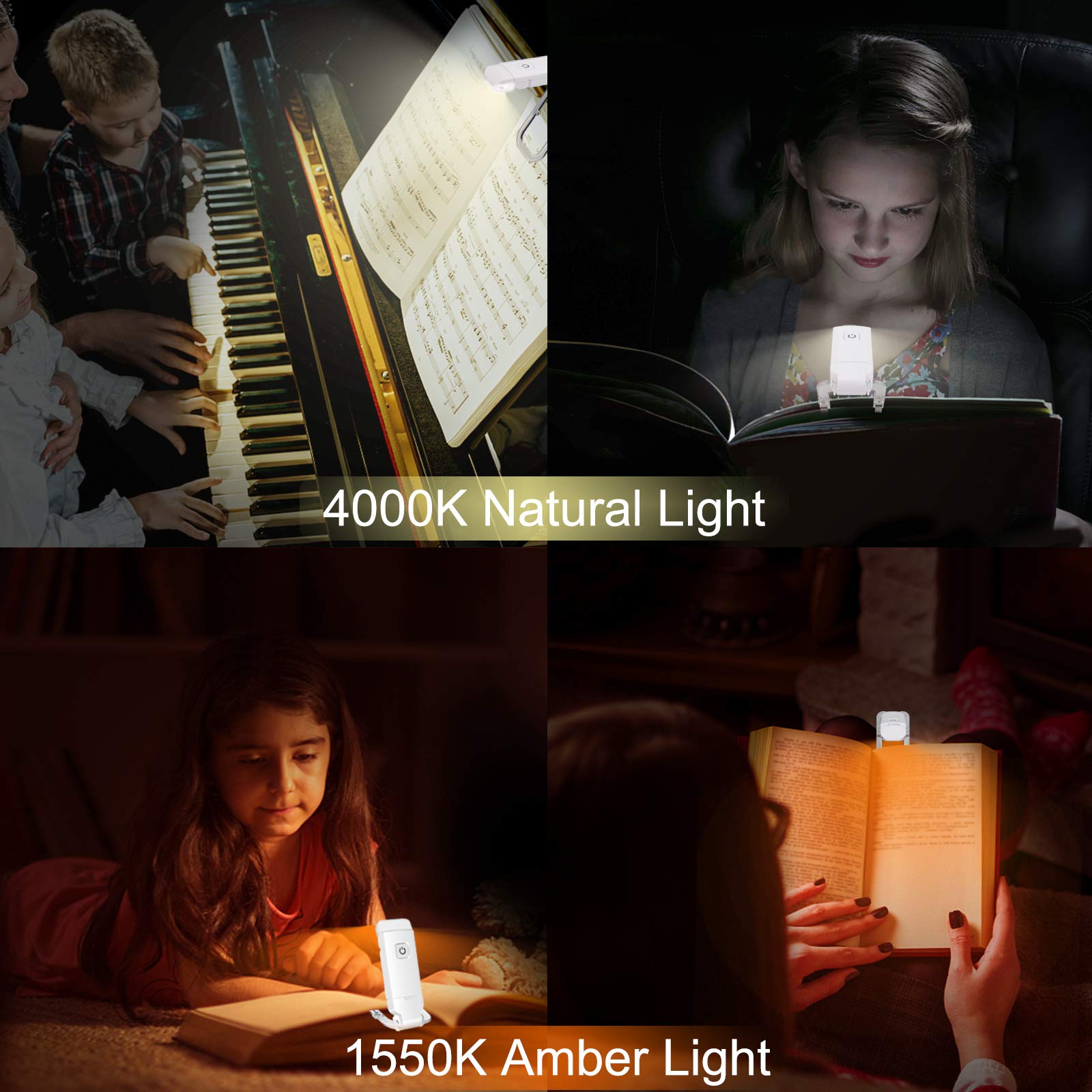 Rechargeable LED Book Light with Dimmable Warm White & Amber Modes – USB-Powered Clip-On Reading Lamp for Books, Sheet Music & Travel (White) — image 4