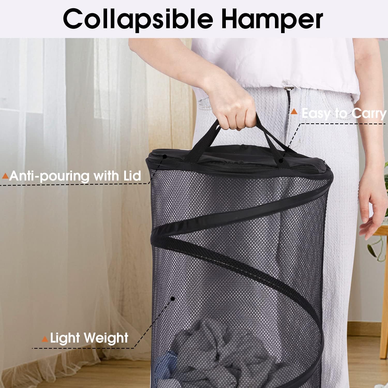 Large Collapsible Laundry Basket with Lid Foldable Mesh Pop Up Hamper with Handles for Laundry Room, Bathroom, Kids Room, College Dorm, Travel, Storage — image 5