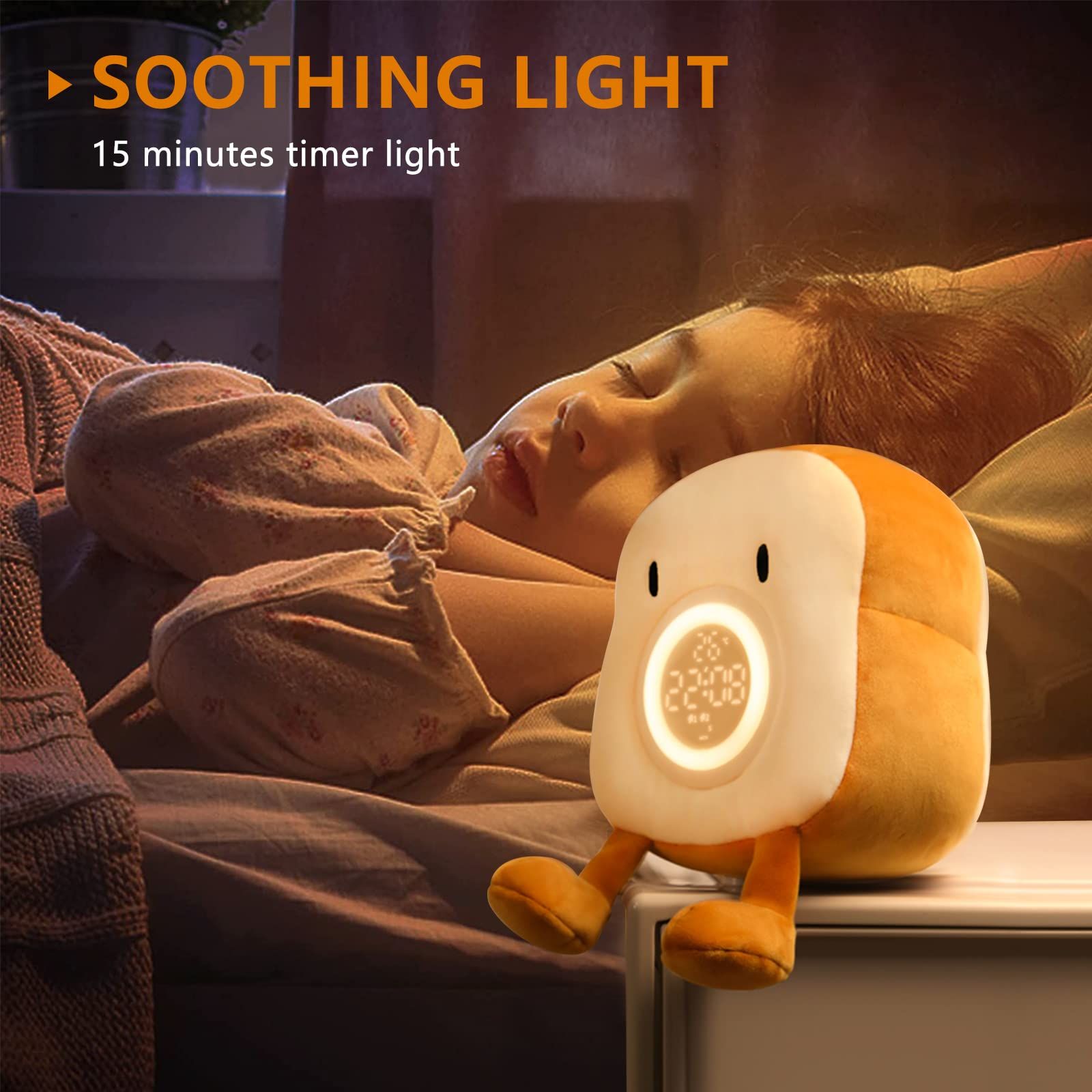 Plush Toy Night Light Alarm Clock for Kids, Multiin-one Cozy Toast Plushies Bed Clock with Dual Alarm, Lamp Birthday Gifts Ideal — image 2