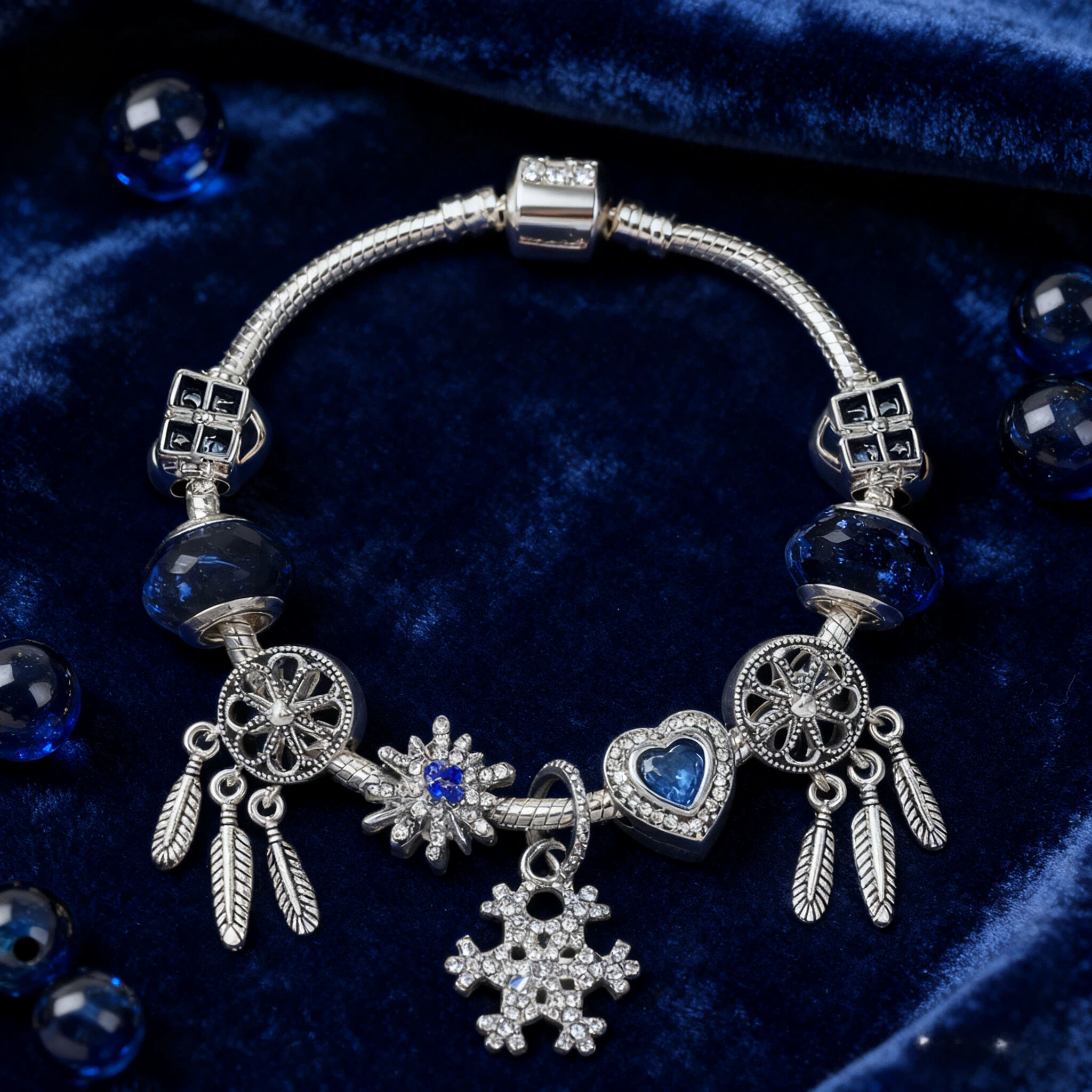 Pandora-Style Rhinestone Blue Cat’s Eye Heart Bracelet: Glass Beads, Dreamcatcher Feather Snowflake(20cm) — image 3
