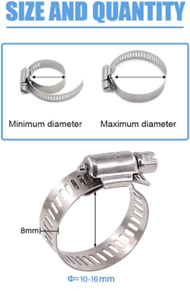 20 pieces - Hose clamp set - hose clamps - 10-16 mm - Clamp set for the garden hose, drain hose or shower hose - silver - stainless steel — image 4