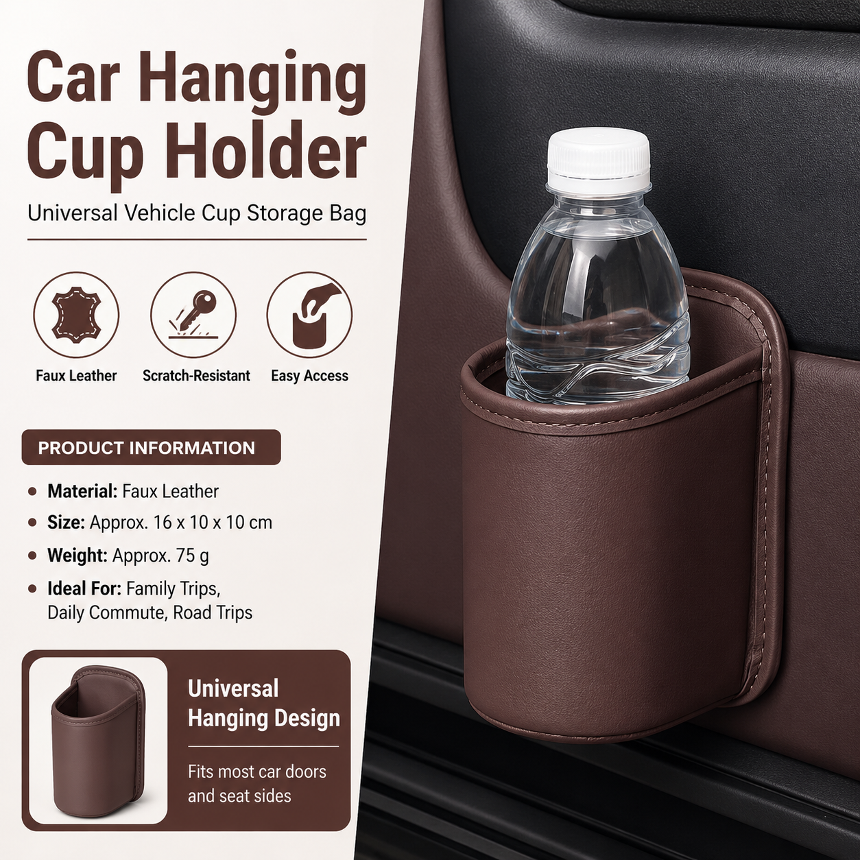 Brown Universal Car Door Cup Holder - PU Leather Hanging Storage Organizer for Seat Back and Console side and Door storage compartment - Multi-Purpose Beverage