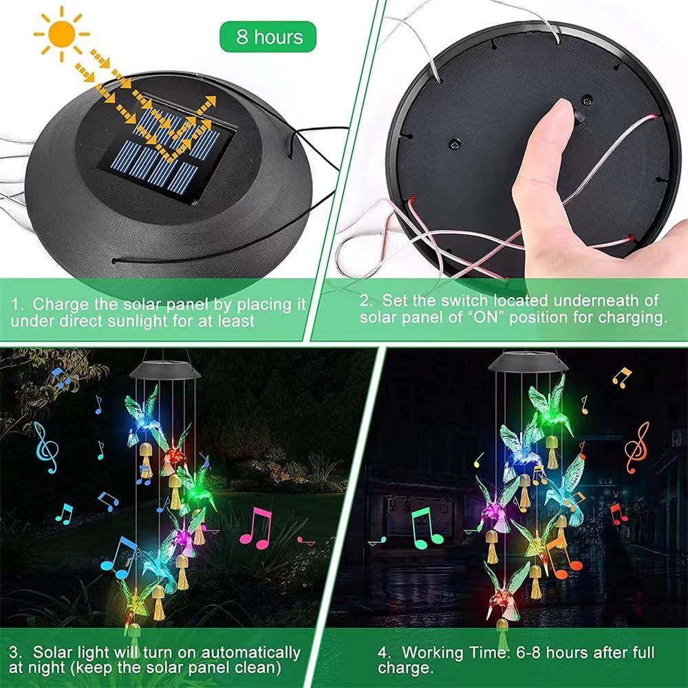Solar Hummingbird Decorative Wind Chime Light with Bell, A Gift for Friends with Movable LED Colorful Outdoor Decorative Lights — image 3