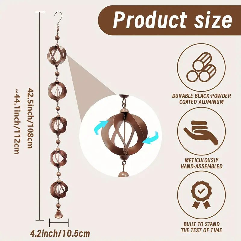 Rotating Rain Catcher Chain with Bell Retro Wind Chimes, Decorative Rain Chains for Gutters Garden Hanging Ornament — image 2