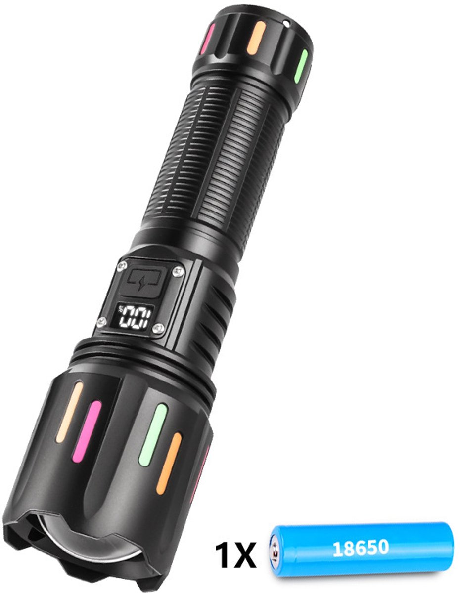 High power white laser LED flashlight, waterproof, rechargeable, Type-C, zoom function - including 18650 battery