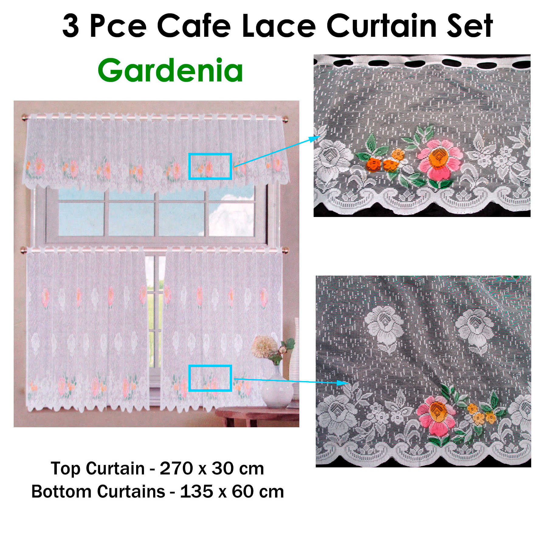 3 Pce Cafe Gardenia Lace Curtain Set — image 2