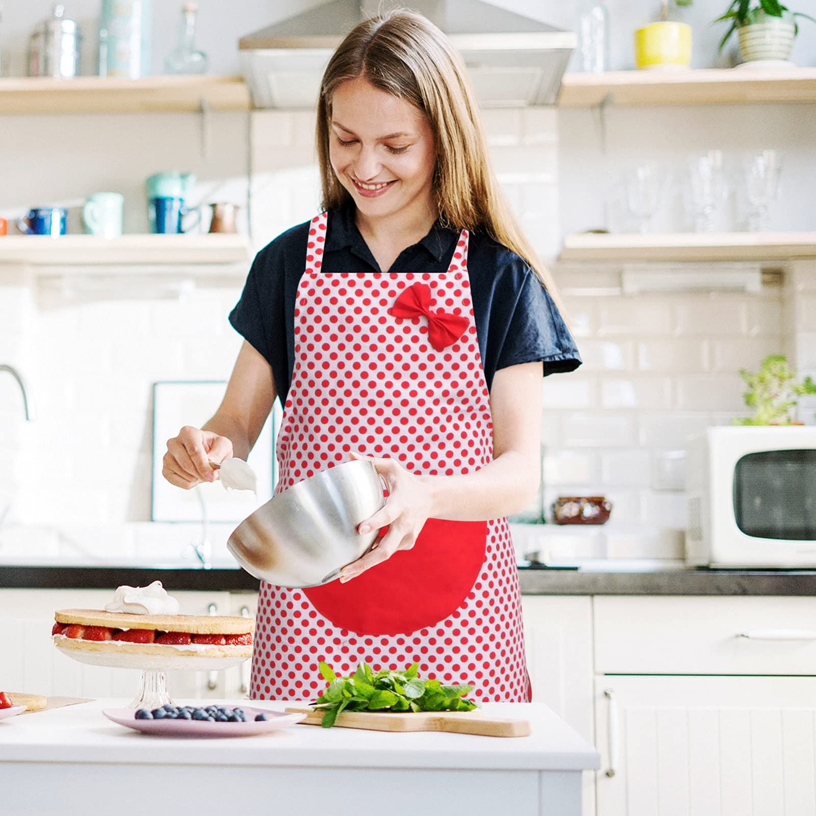 Lovely Home Work Apron Polka Dotted Bowknot Girls Apron Womens Kitchen Cooking Apron with Pocket (Red) โ image 2