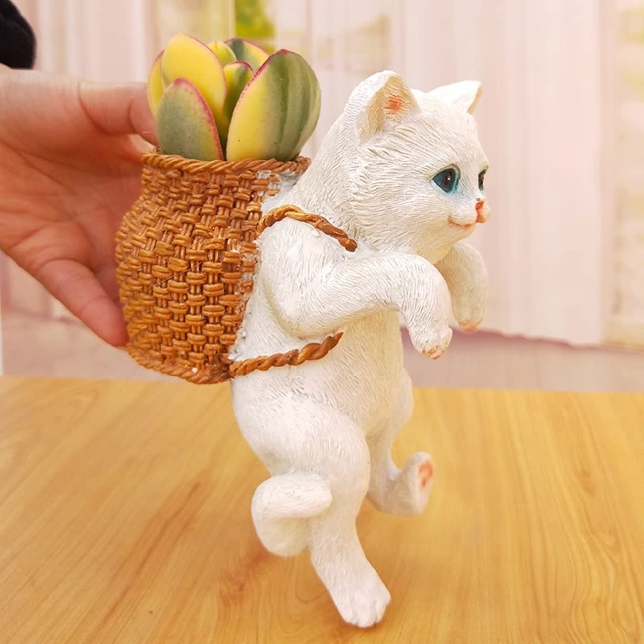 Planter Pot Hanger, Cute White Cat Outdoor Statues with Basket for Flower Pot Decor, Fish Tank Decor, Desk Decor, Table Decor — image 2