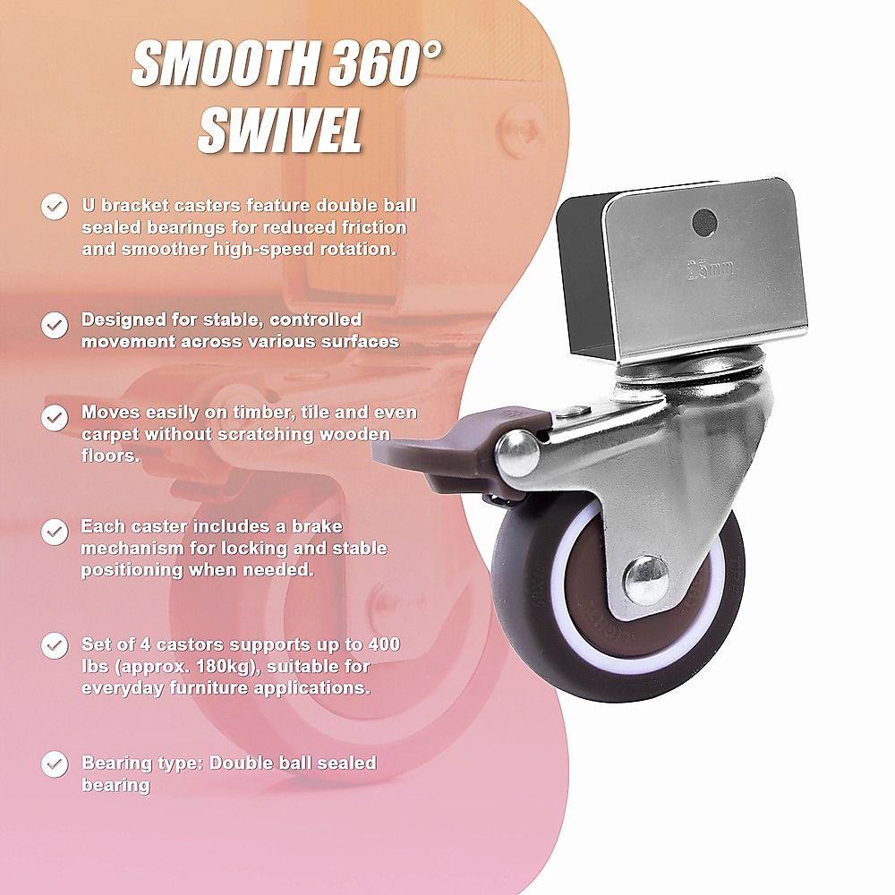 2 Inch U-Shaped TPE Swivel Castor Wheels Set 4 Brake โ image 5