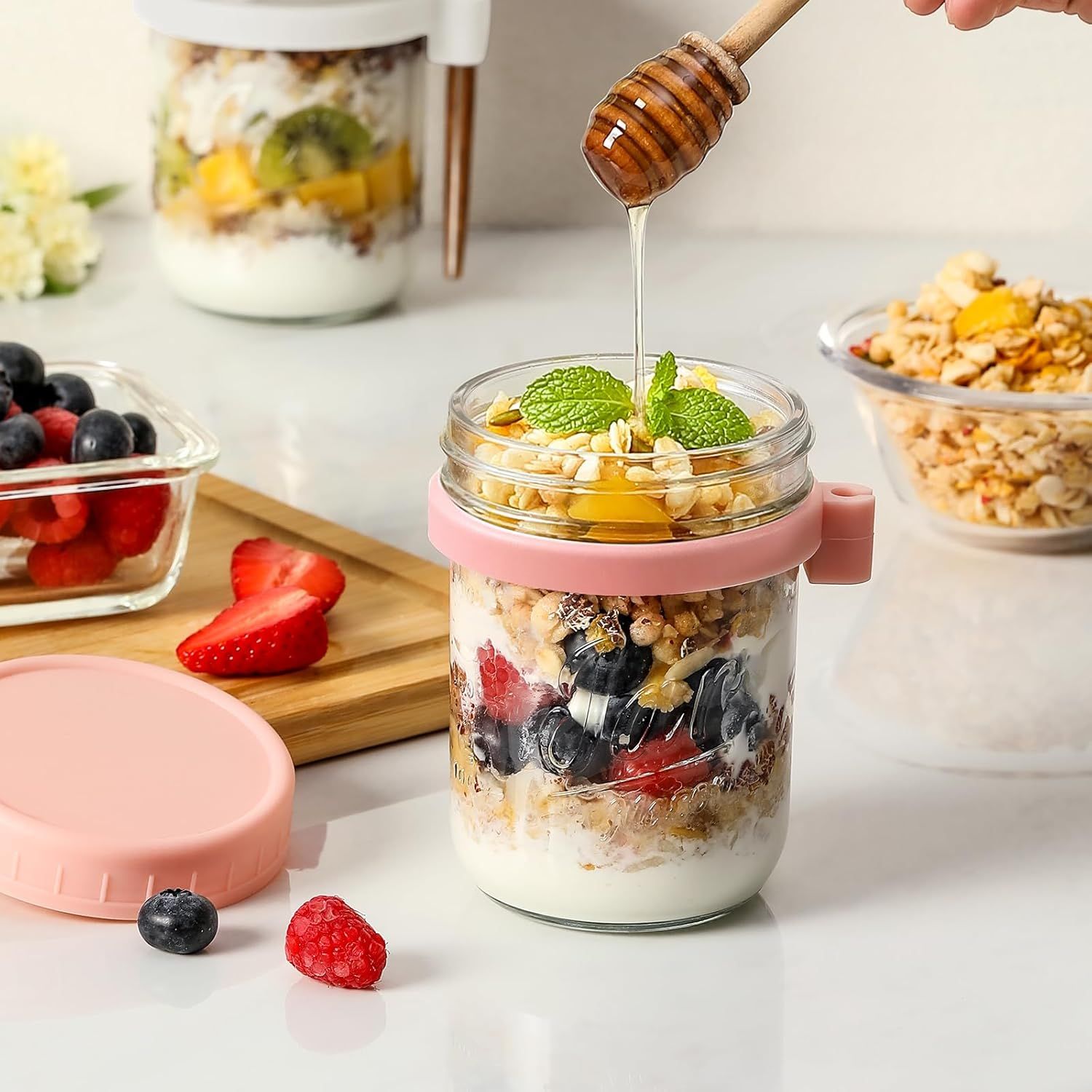 4-Pack 16oz Glass Overnight Oats Jars with Lids & Spoons, Airtight Mason Jars for Yogurt, Salad, Fruit, Meal Prep, Leak-Proof & Portable (Multicolor) — image 4