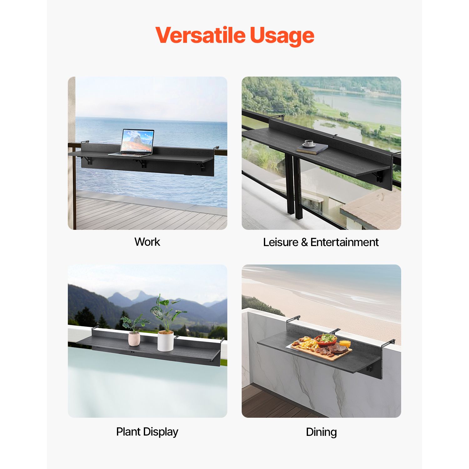 Balcony Hanging Table, 12 x 48 in Folding Balcony Railing Table, Outdoor Balcony Bar Table for Railings, 50 lbs Loading, Fit Railing from 1" to 4.3", Serving — image 6