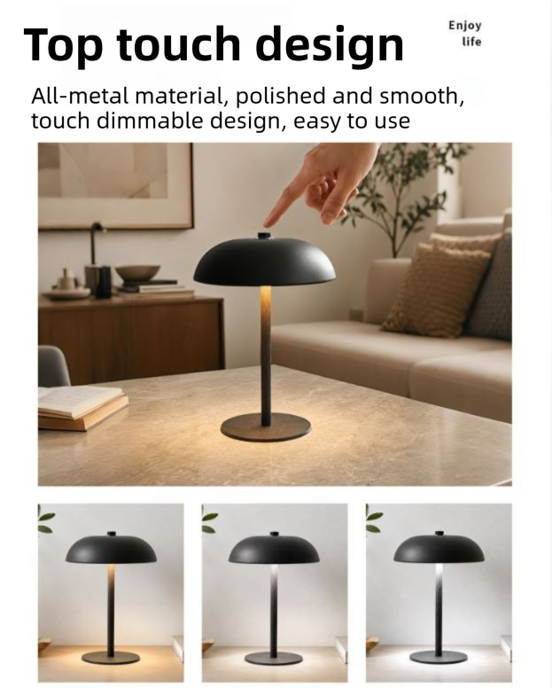 Black Metal Mushroom Table Lamp with Top Touch Control, 3 Colour Mode & Stepless Dimming - USB-C Rechargeable Night Light, Stable Base and — image 3