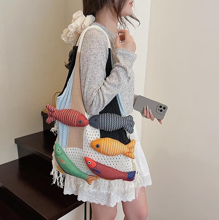 Boho Knit Tote Bag with 3D Fish Applique – Patchwork Shoulder Bag for Women, Beach, Travel & Daily Use – Soft Fringe Design (White) — image 3