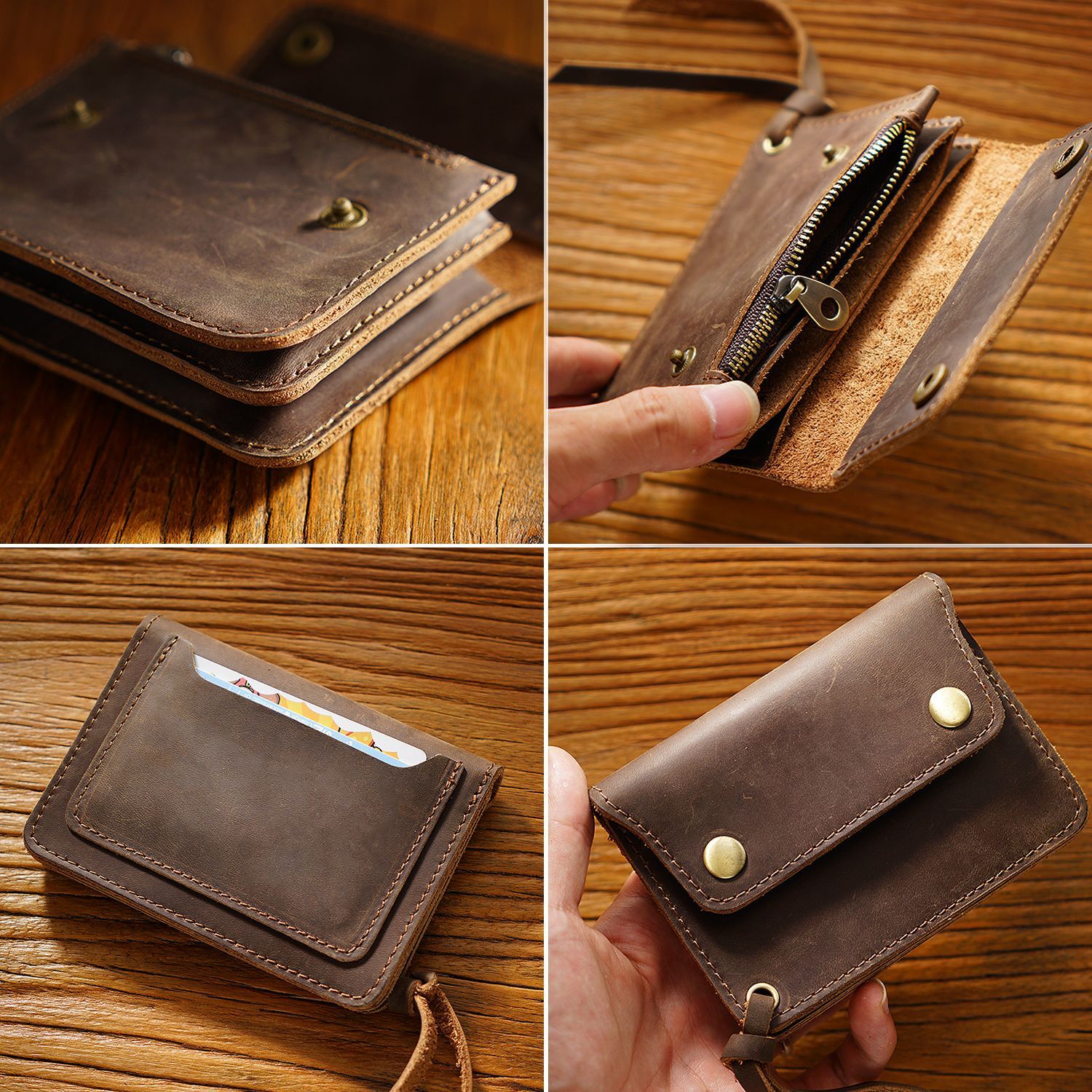 Coffee Handmade Crazy Horse Leather Wallet Vintage Coin Purse Zipper Card Holder with Strap Snap Closure Top Layer Cowhide 12cm — image 4