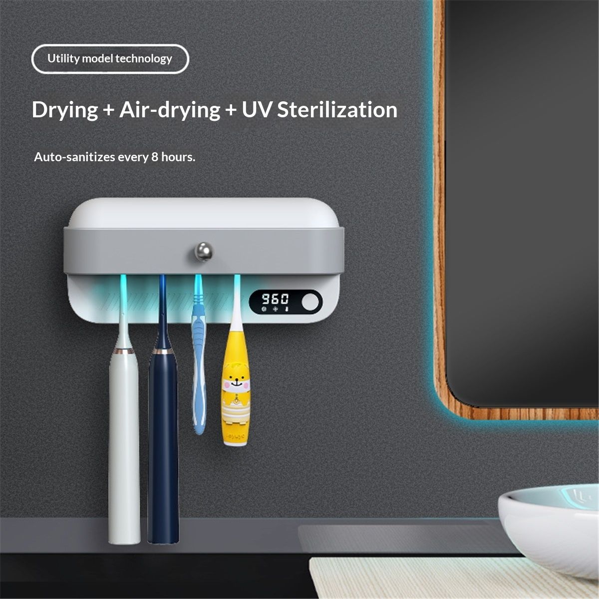 UV Toothbrush Dryer Holder, Heating Plate and Fan Drying Function, Rechargeable and Timing Tooth Brush Holder Wall-Mounted for Bathroom, No Drilling, 4 Slots — image 5