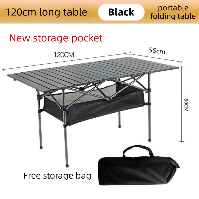 120CM Black Portable Folding Egg Roll Camping Table + 4-Pack 36CM Chairs with Storage Bag & Mesh Net- Heavy-Duty Carbon Steel Picnic Table for 6-8 People — image 2