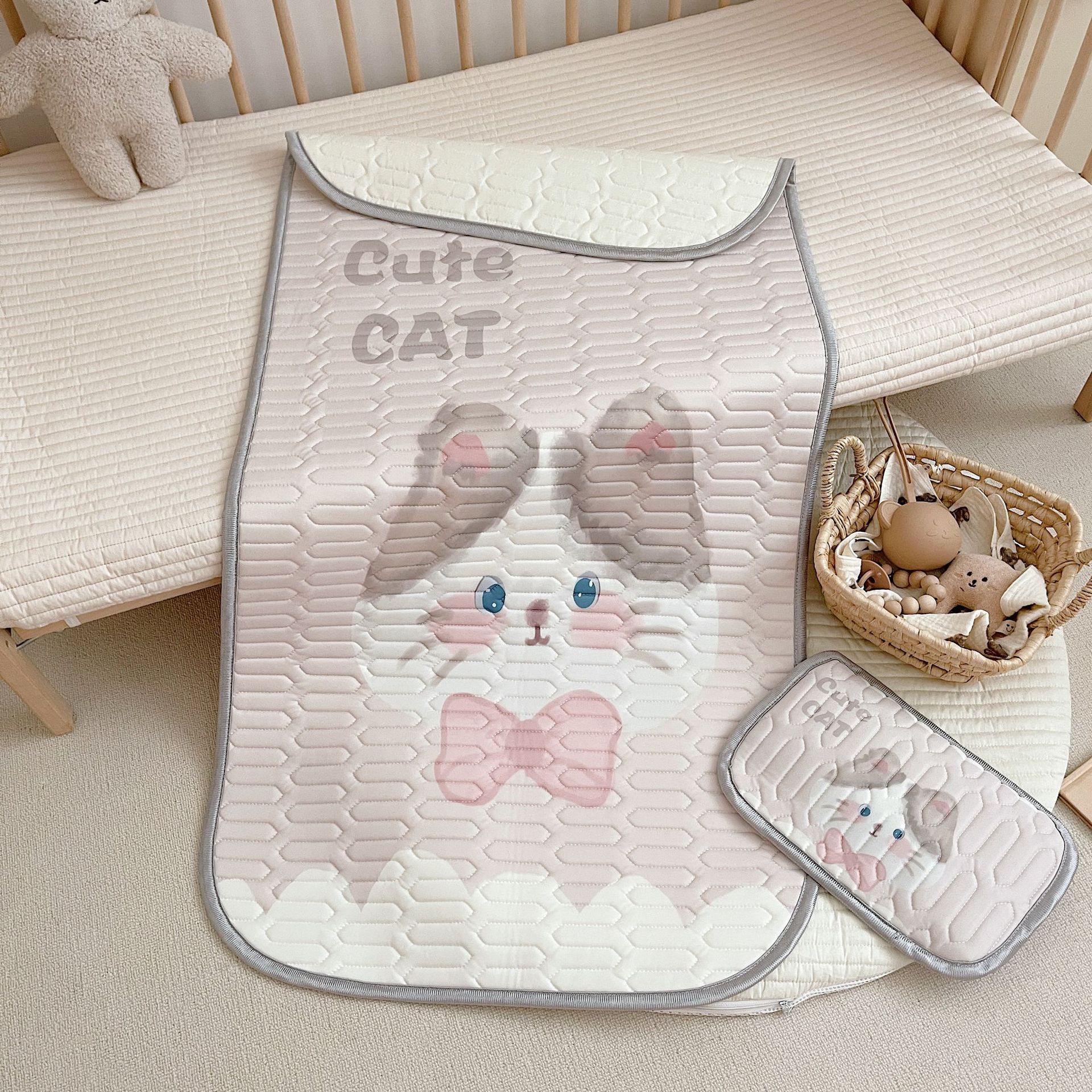 Cute Cat Pattern 2 Piece Set Kids Cooling Pad Set - 60x120cm Cartoon Latex Mattress Protector, Pillow โ image 2