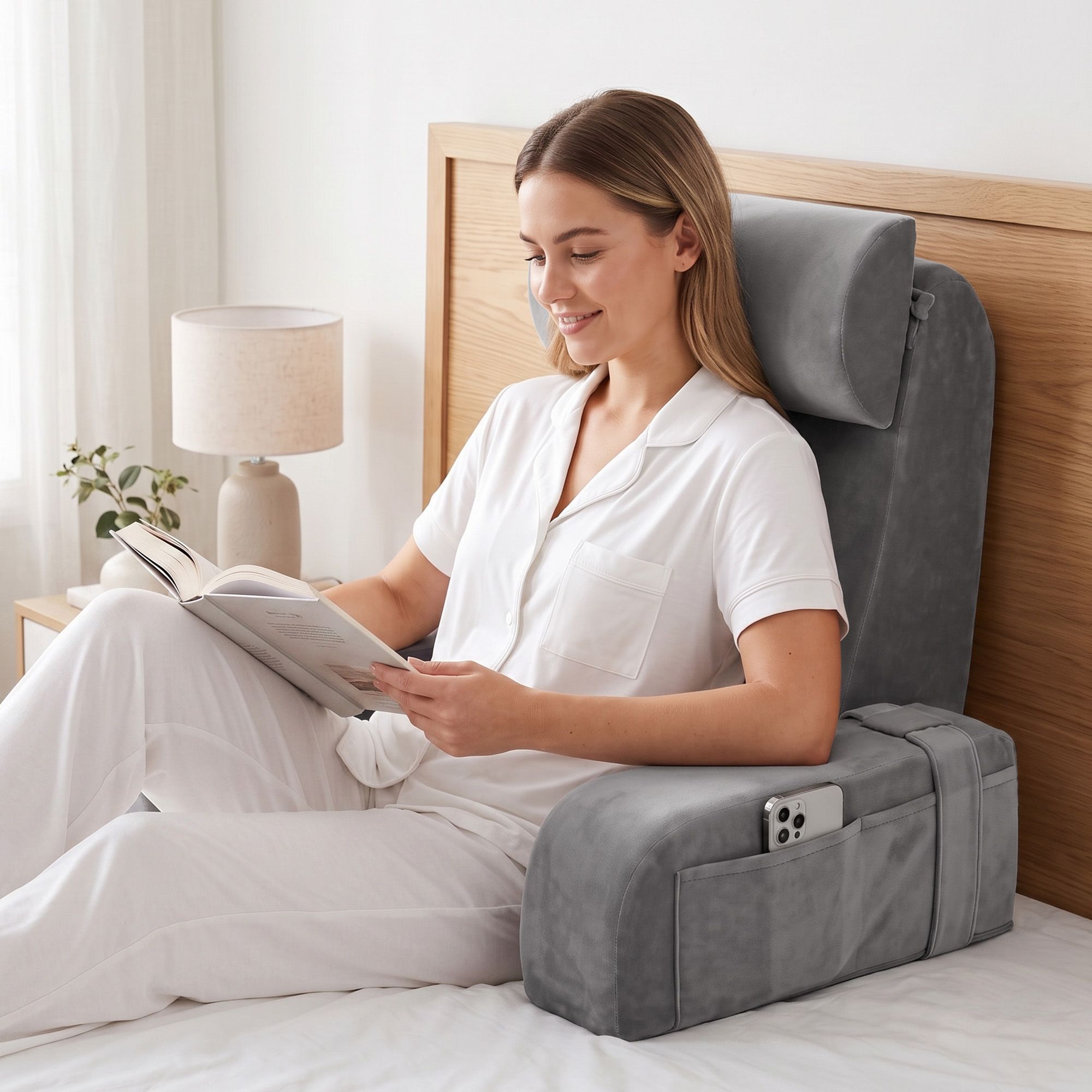 Giselle Reading Pillow For Bed With Non-Sag Solid Memory Foam, Back Pillow For Bed Sitting Up Gaming, Adjustable Neck Roll Detachable Arms And 210gsm Velvet