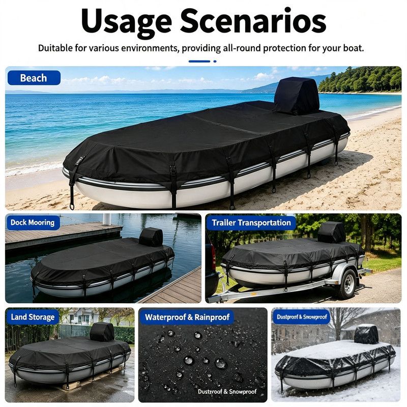 Trailerable 600D Oxford Pontoon Boat Cover, Comes with Separate Universal Outboard Motor Hood, Waterproof UV‑Resistant Boat Cover for Outdoor Storage & Mooring — image 4