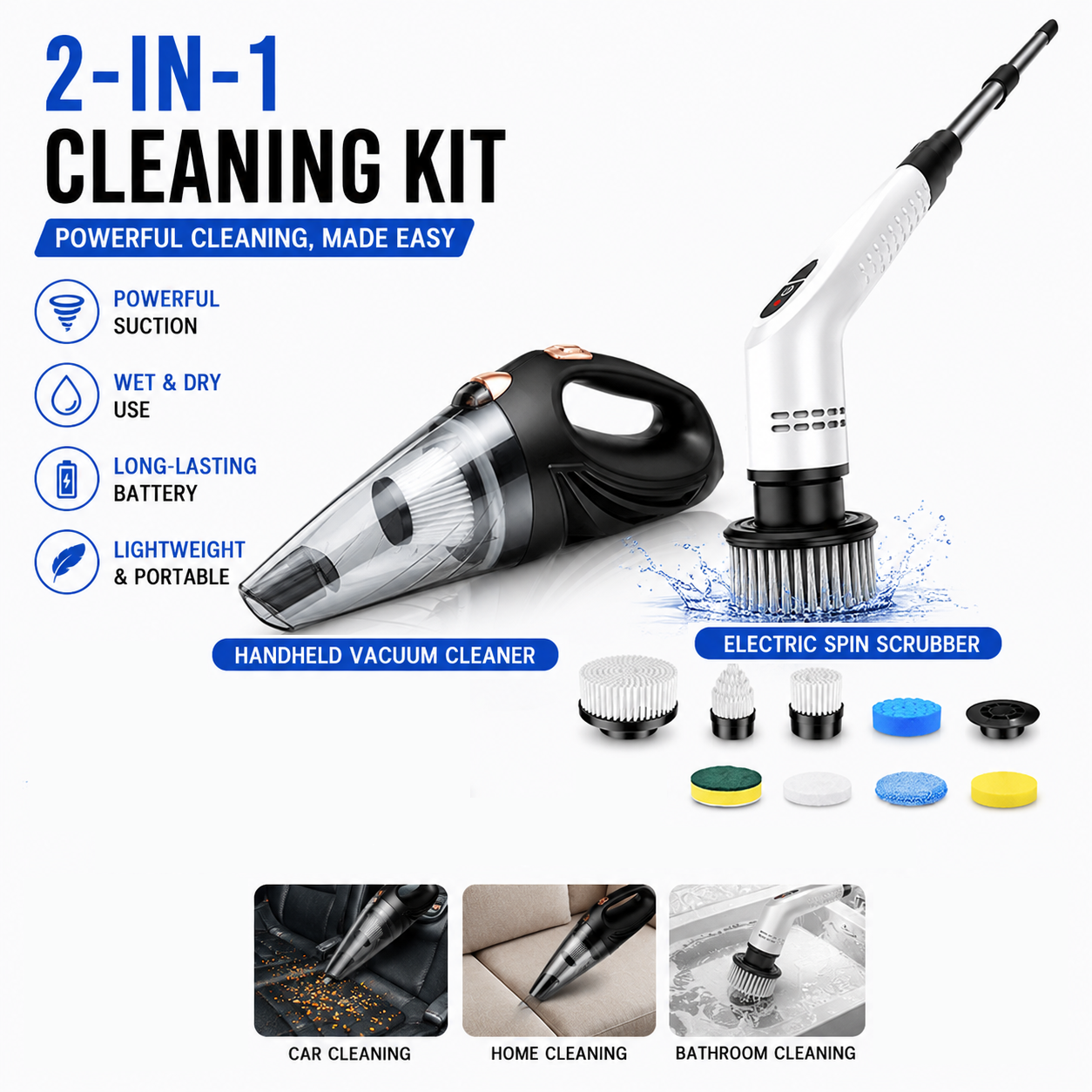 Black Cordless Car Vacuum Cleaner & White Electric Spin Scrubber Combo – Portable Handheld Wet & Dry Car Vacuum with Multi-Filter + Long-Reach Electric Floor