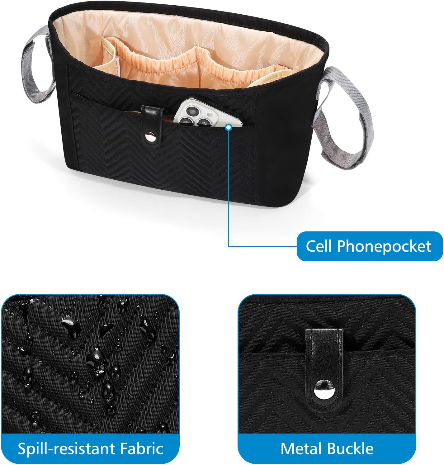 Universal Stroller Organizer, Stroller Bag Stroller Caddy Organizer, Stroller Accessories Fits for Uppababy, Baby Jogger, Nuna, Doona, Britax Strollers, Black — image 6