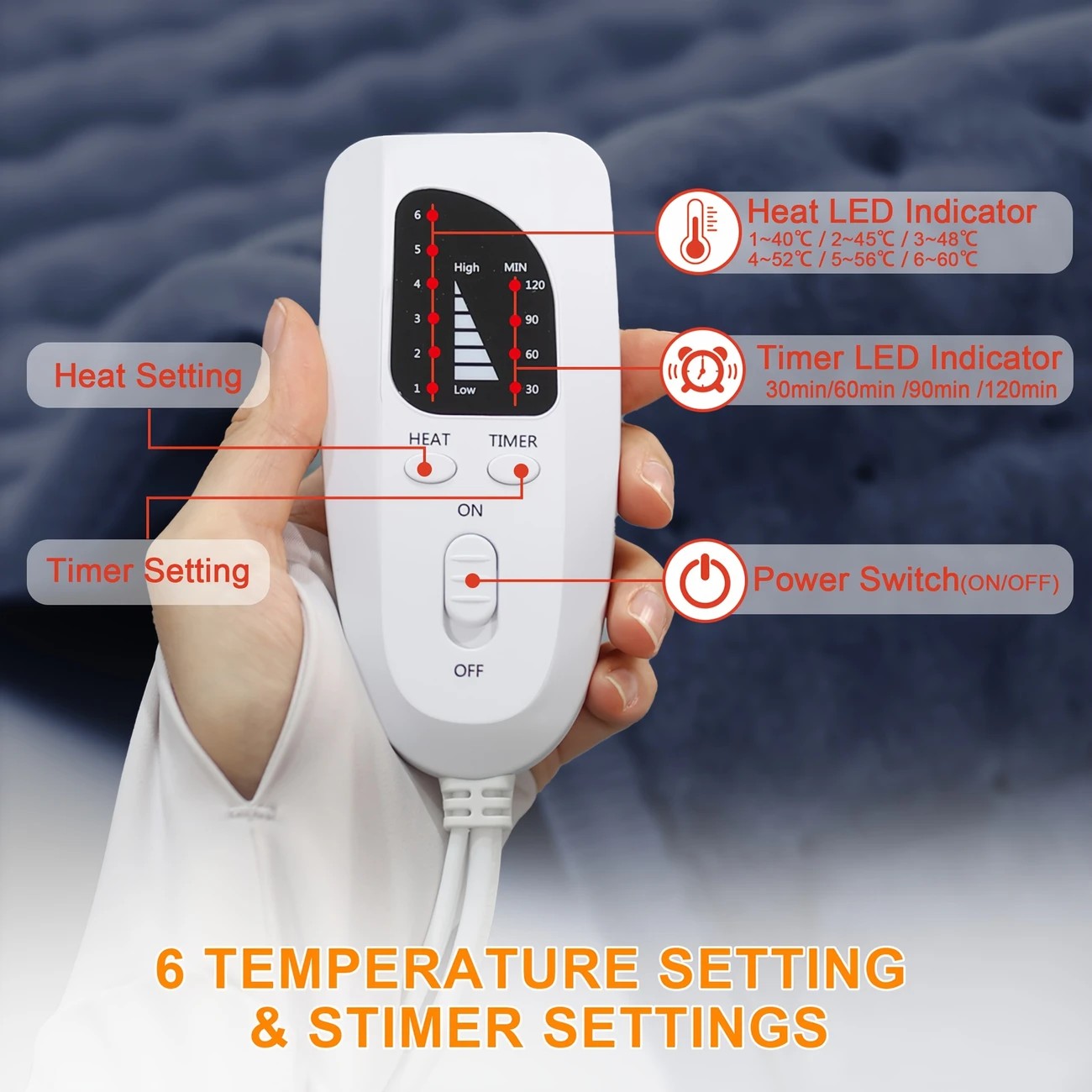 Dark grey This large heating pad (24" x 12") features 6 temperature levels and 4 timer settings, with rapid heating and auto-off functions. It is portable โ image 5