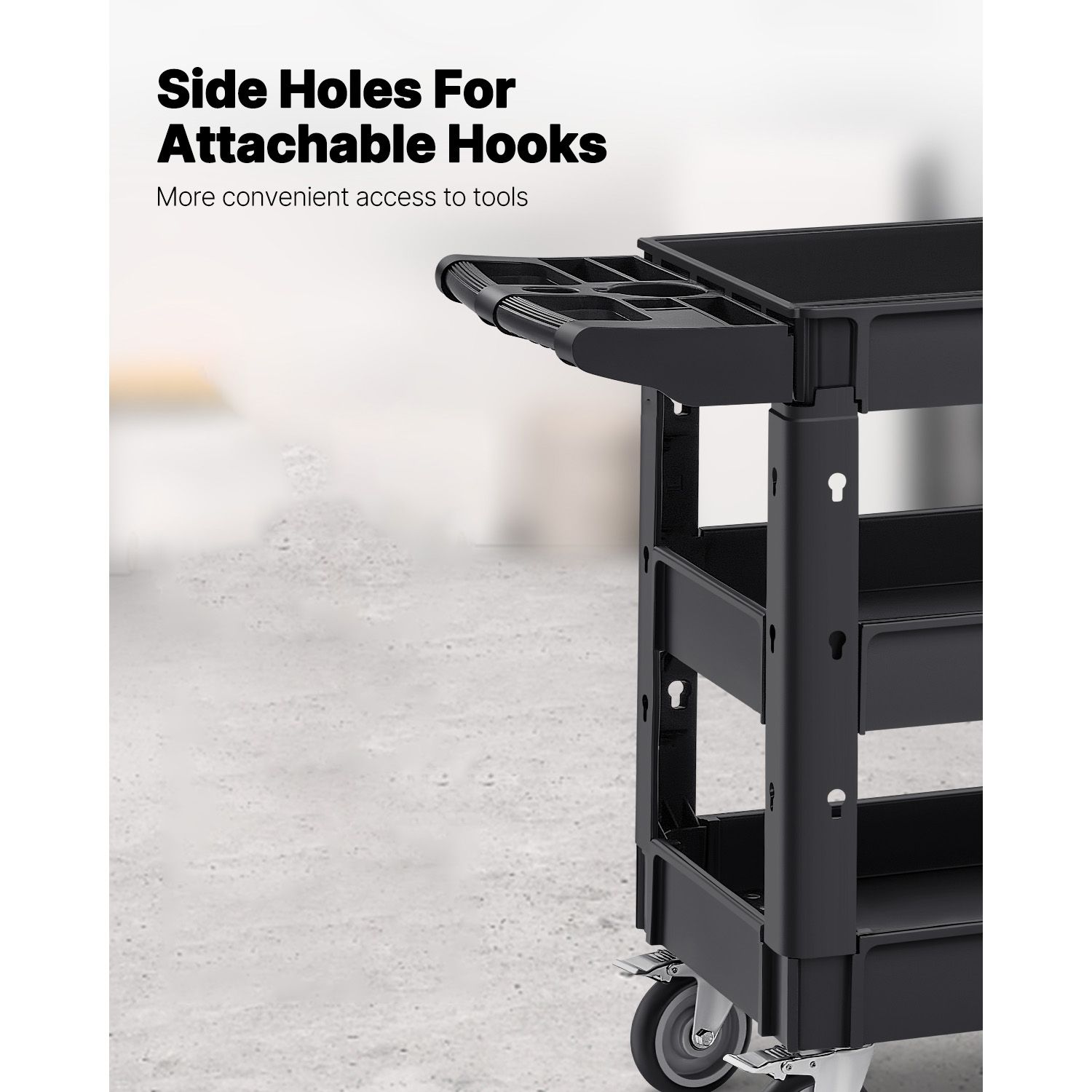 Utility Service Cart, 550 LBS Laod Capacity, 3 Shelf Heavy Duty Plastic Rolling Utility Cart with 360° Swivel Wheels (2 with Brakes), Ergonomic Storage Handle — image 5
