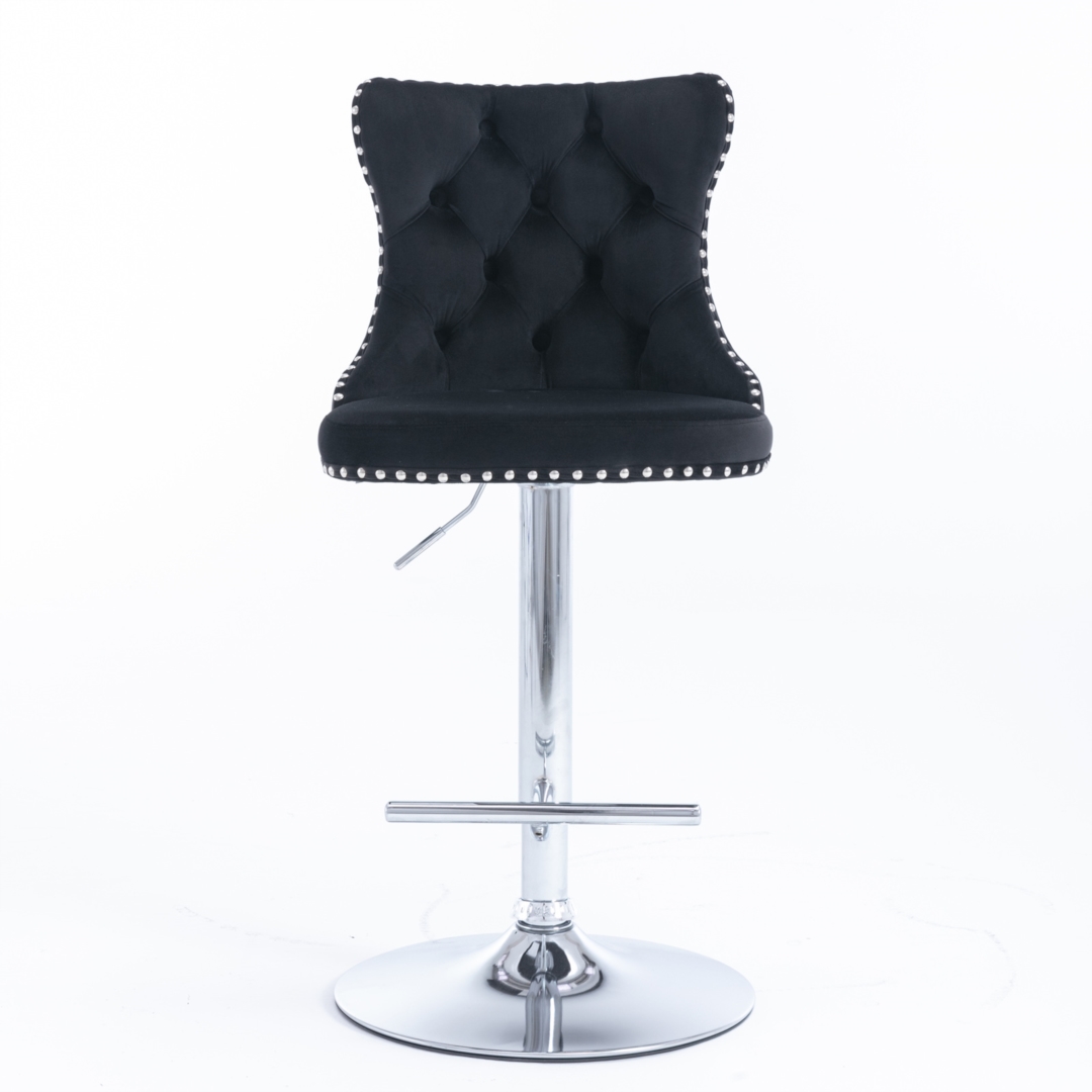 2x Height Adjustable Swivel Bar Stool Velvet Studs Barstool with Footrest and Chromed Base- Black โ image 4