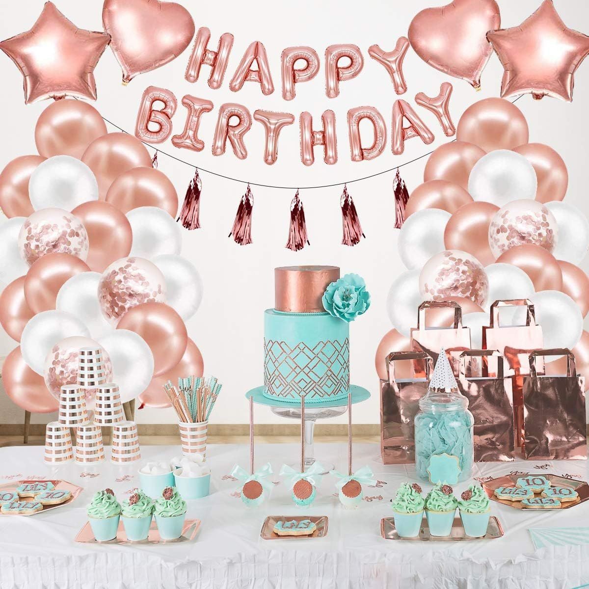 Rose Gold Happy Birthday Balloon Decoration Kit - Foil Letter Balloons, Confetti Latex Balloons, Tassel Garland, Heart & Star Shapes - Complete Party Backdrop — image 6