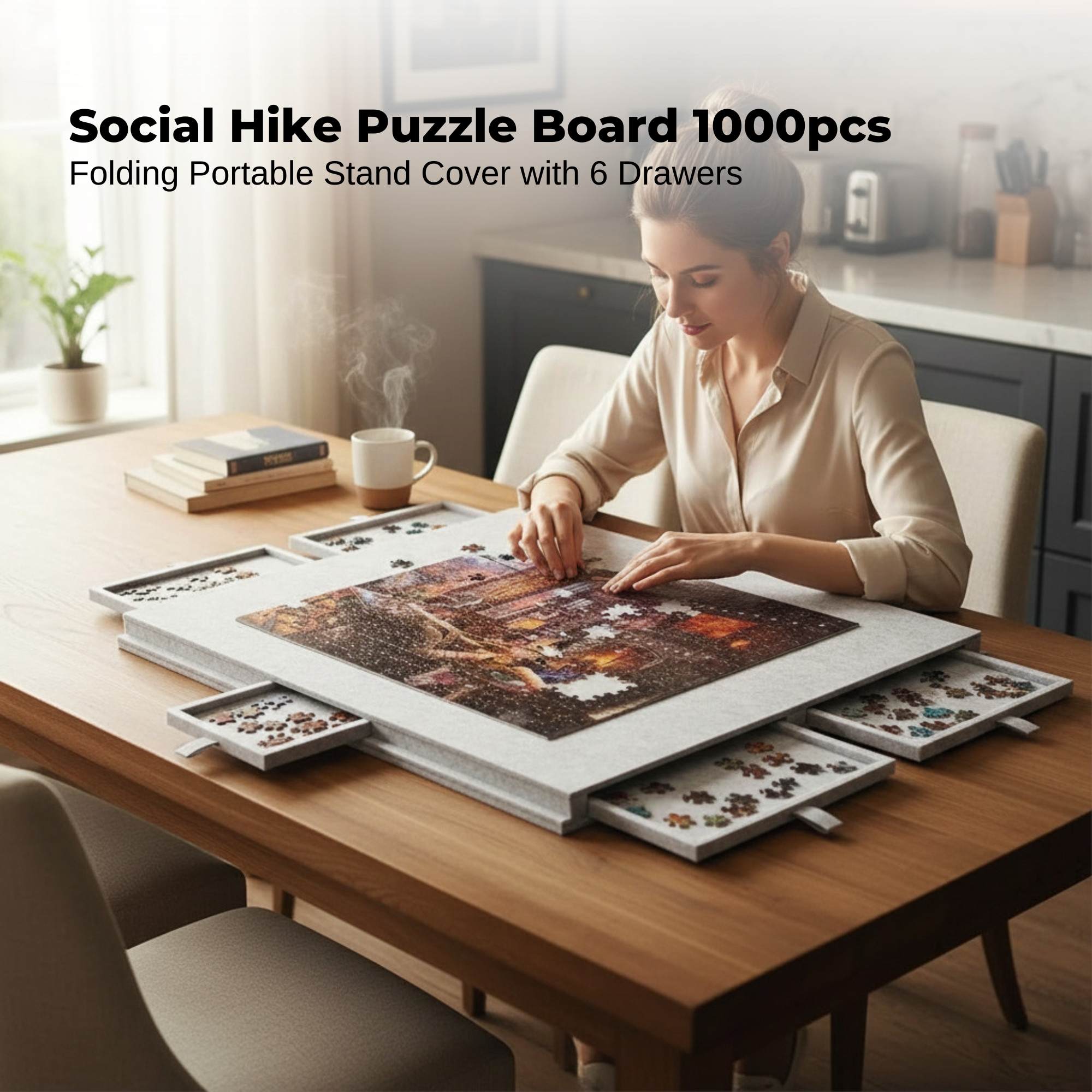 Social Hike Puzzle Board 1000 pcs - Felt Tilting Portable Cover + Drawers Silver โ image 2