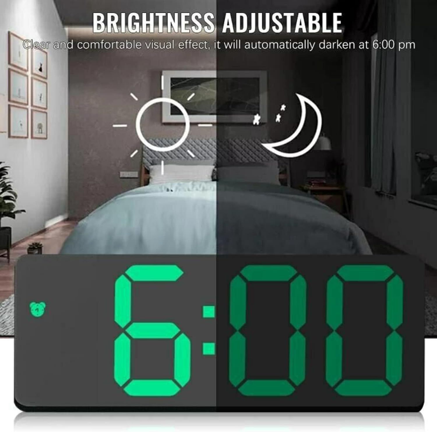 Digital Alarm Clock LED Travel Alarm Clocks with Button Brightness Adjustable(Rectangular black face green light) — image 3