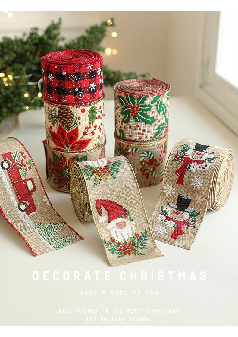 Xmas Burlap Woven Ribbon 6.3CM x 2M, Red Flower Pine Cone Design Satin Ribbon for Christmas Tree & Holiday Party Decor ā image 2