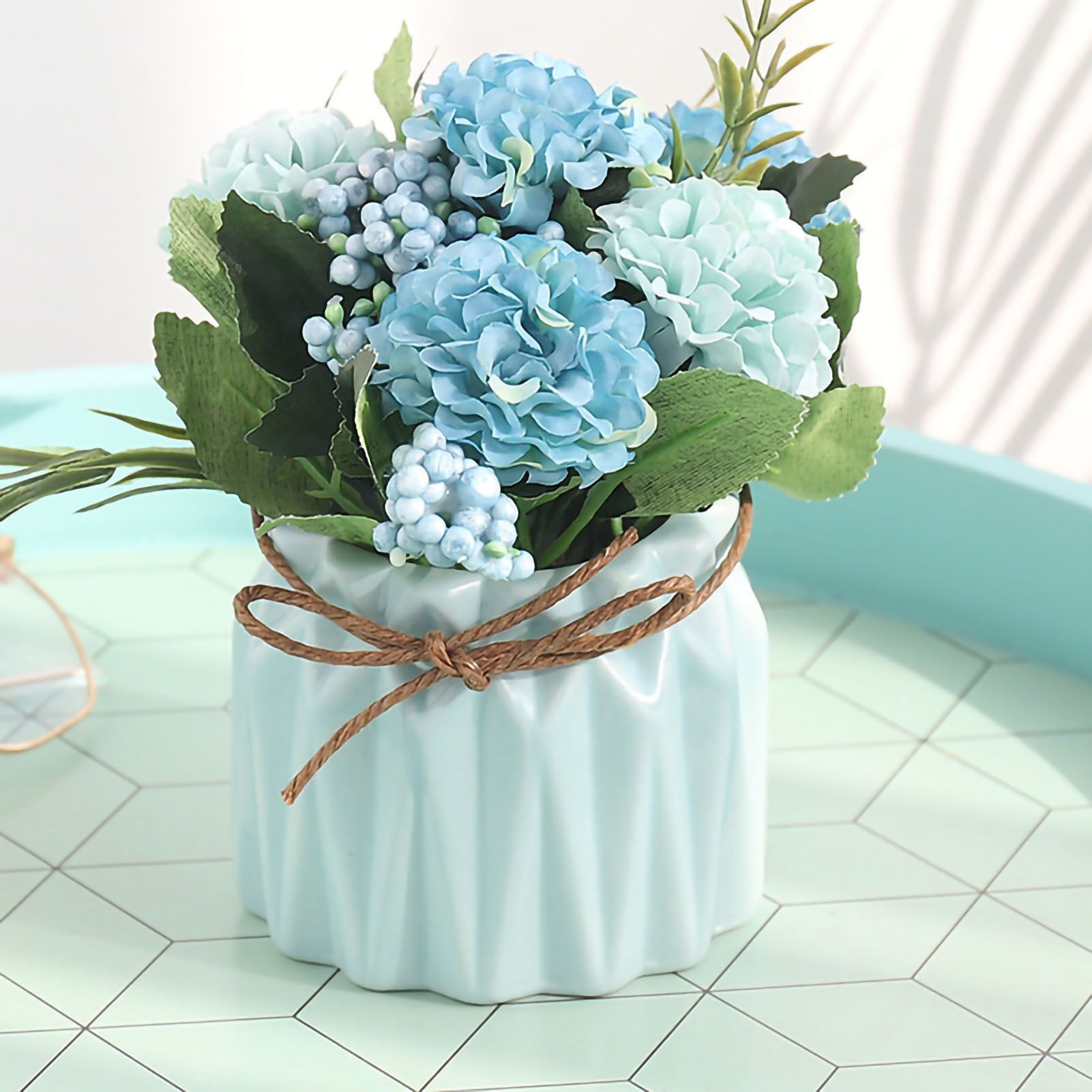 Artificial Fake Potted Flowers Bouquet Hydrangea with Vase for Dining Table Decoration Blue โ image 4
