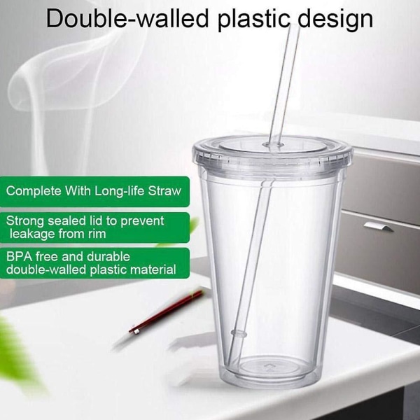Double-walled plastic mug with lid and straw, insulated coffee mug, 500 ml, transparent – max — image 2