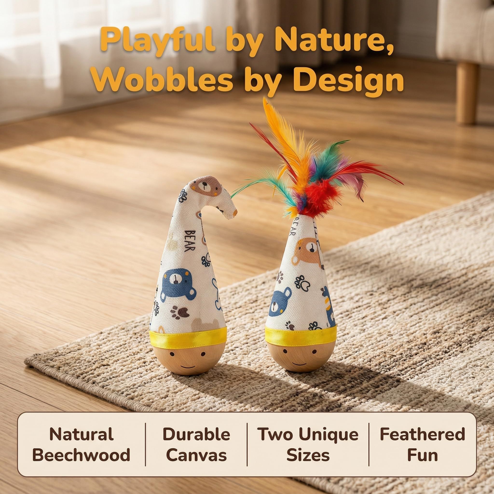 Self-Righting Pet Toy with Natural Wood Base and Durable Fabric Top, Featuring Feather Options and Playful Smile Design — image 3